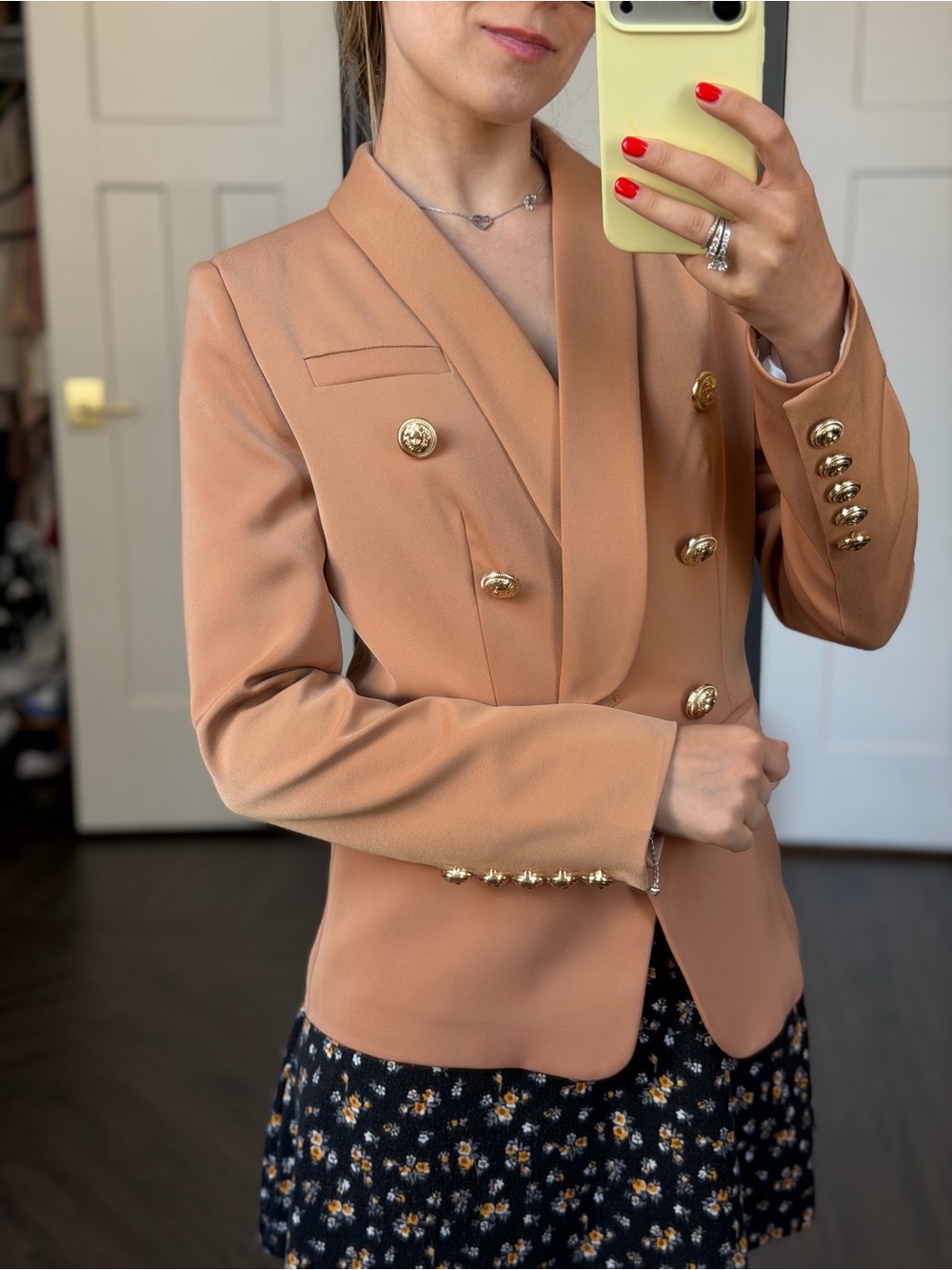 Womens Double-Breasted Tan Blazer with Gold Buttons
